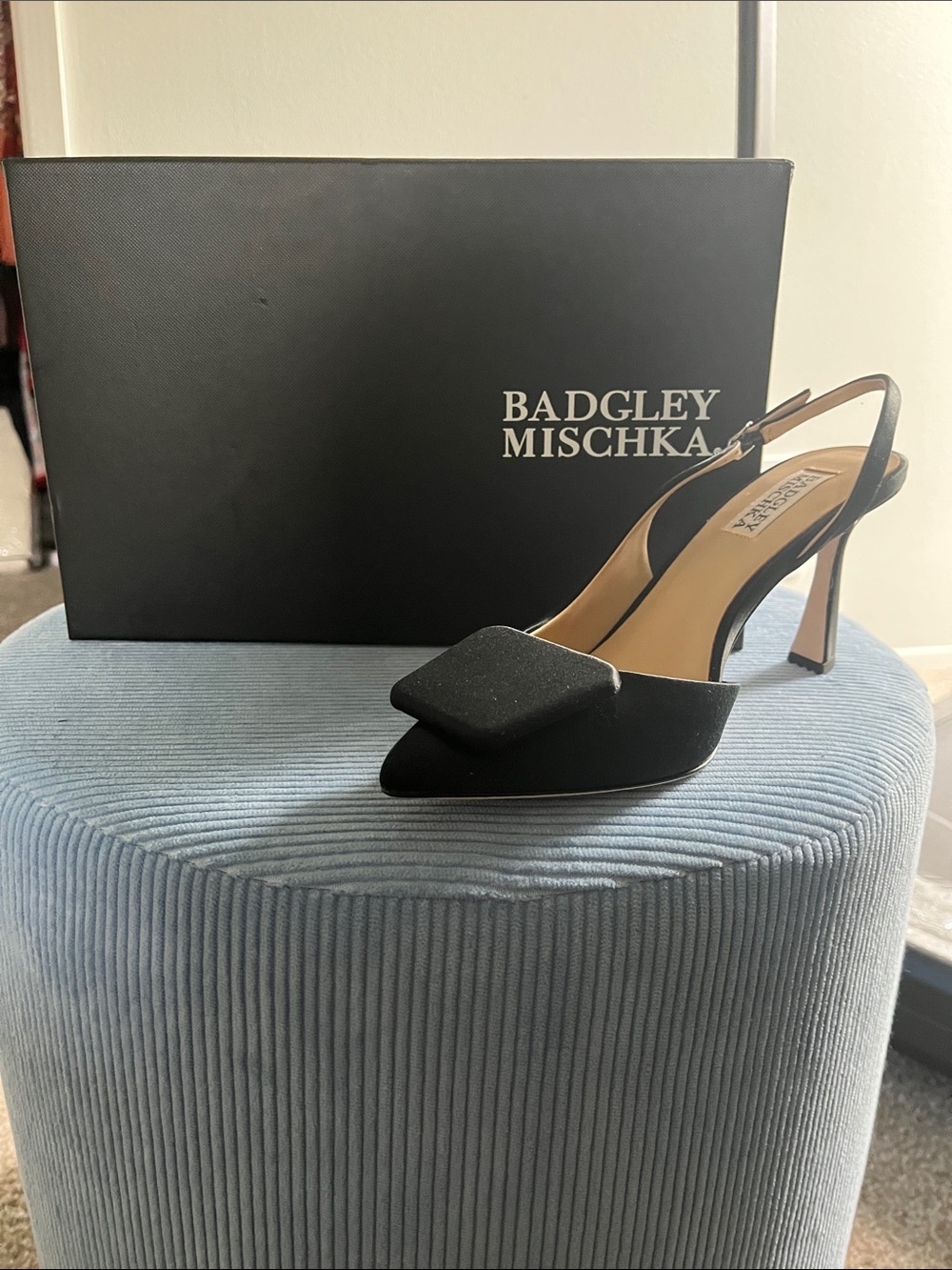 Badgley Mischka Black Pointed Slingback Pump with Decorative Square